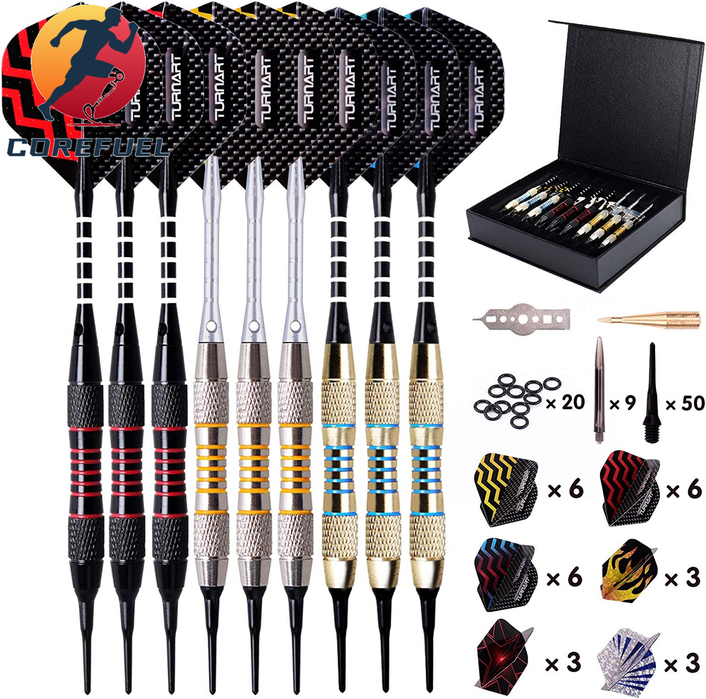 Turnart Darts Plastic Tip - Professional Soft Tip Darts Set for Electronic Dartboard 9 Pcs 18 Grams with 50 Extra Tips 9 Shafts 27 Flights Tool Kit Flight Protectors and Gift Darts Case
