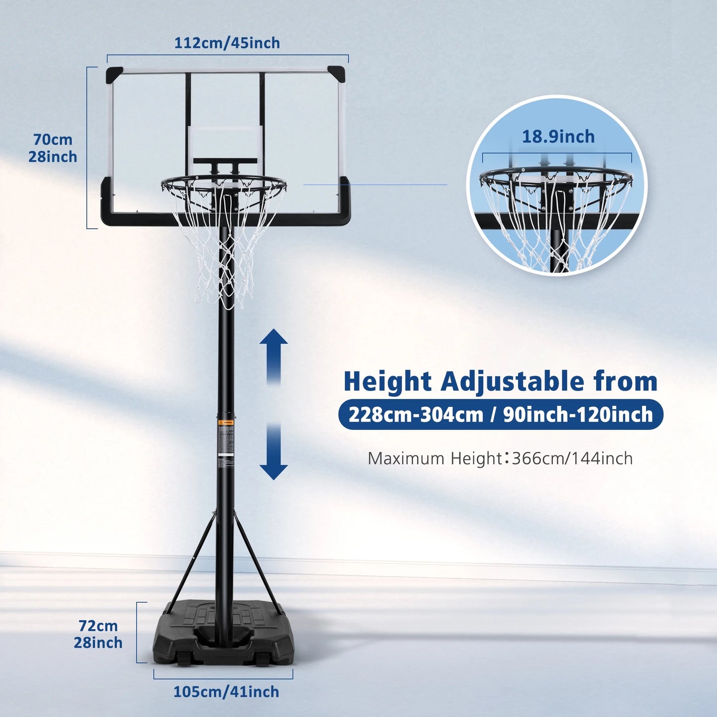 44" Basketball Hoop Portable Basketball System with Adjustable Height with Big Backboard & Large Base for Youth Adults Family Indoor Outdoor