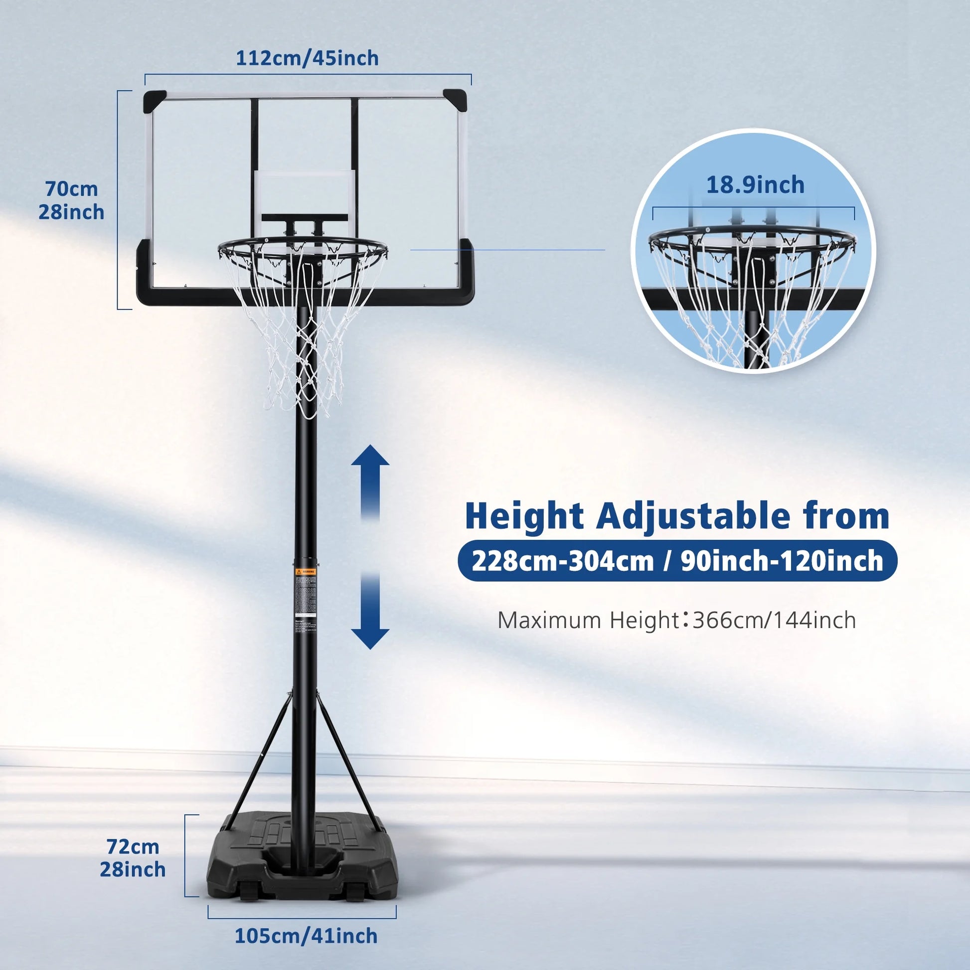 44" Basketball Hoop Portable Basketball System with Adjustable Height with Big Backboard & Large Base for Youth Adults Family Indoor Outdoor