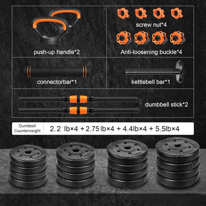 Adjustable Dumbbell Set, 22/44/66/88Lbs Free Weights, 4-In-1 Barbell & Kettlebell Set, Non-Slip Handles, Fitness for Men & Women
