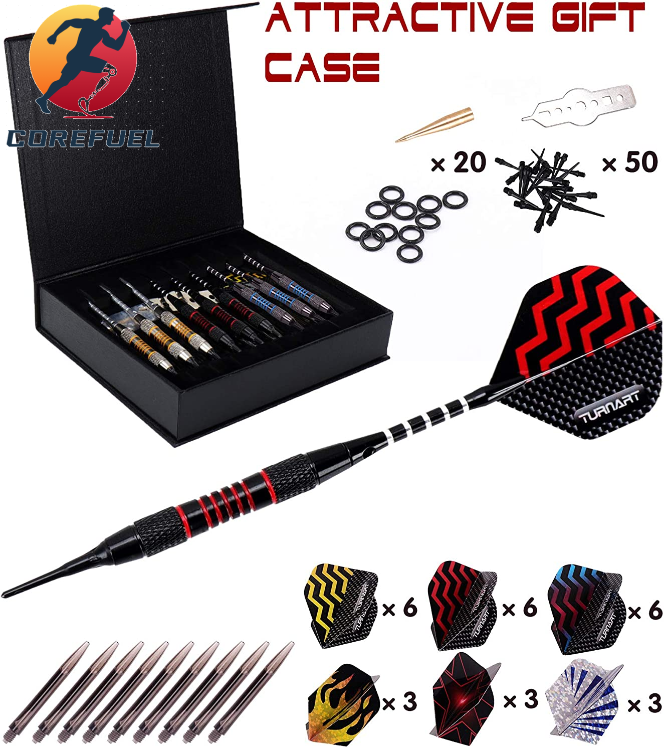 Turnart Darts Plastic Tip - Professional Soft Tip Darts Set for Electronic Dartboard 9 Pcs 18 Grams with 50 Extra Tips 9 Shafts 27 Flights Tool Kit Flight Protectors and Gift Darts Case