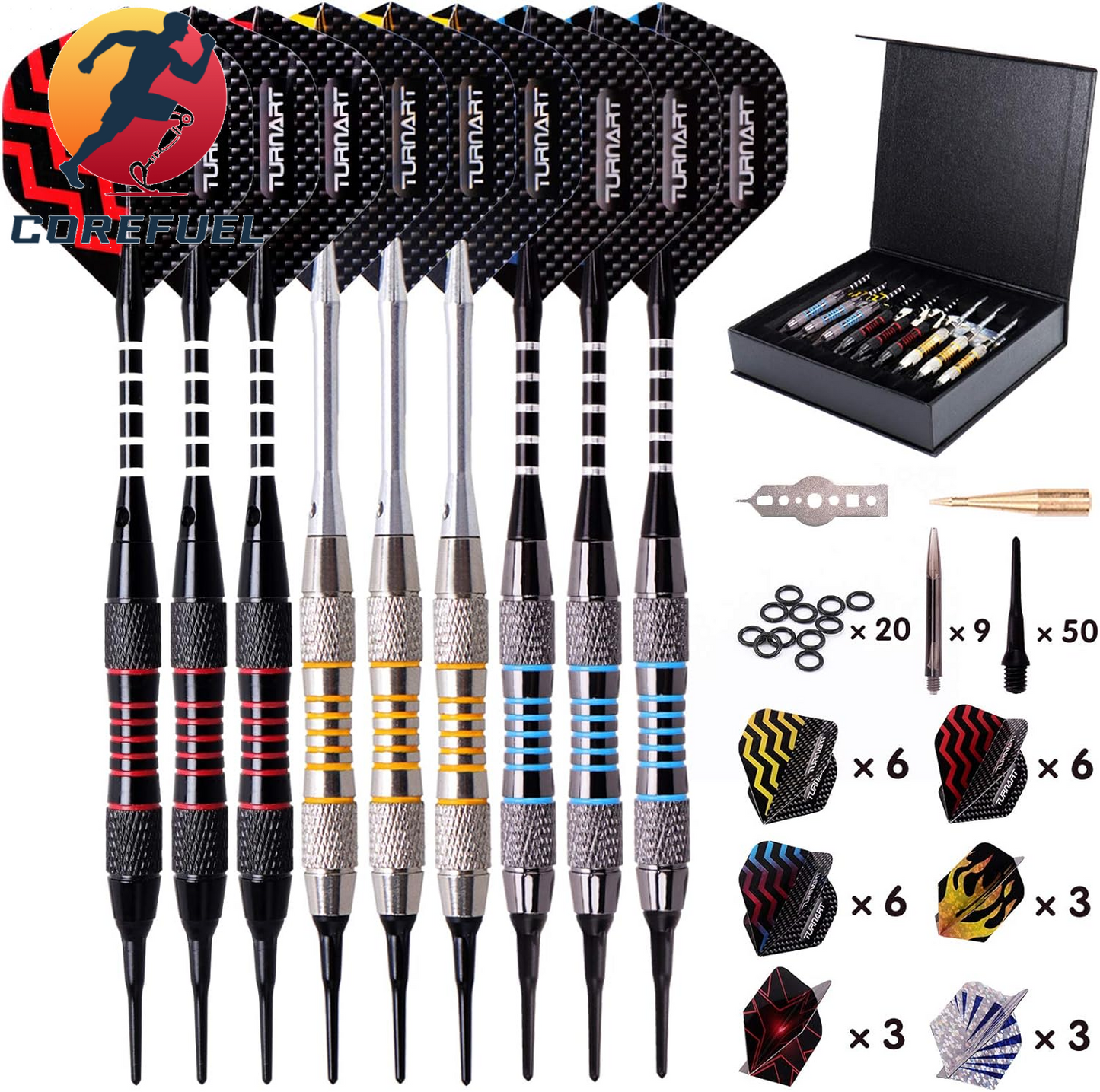 Turnart Darts Plastic Tip - Professional Soft Tip Darts Set for Electronic Dartboard 9 Pcs 18 Grams with 50 Extra Tips 9 Shafts 27 Flights Tool Kit Flight Protectors and Gift Darts Case