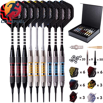 Turnart Darts Plastic Tip - Professional Soft Tip Darts Set for Electronic Dartboard 9 Pcs 18 Grams with 50 Extra Tips 9 Shafts 27 Flights Tool Kit Flight Protectors and Gift Darts Case
