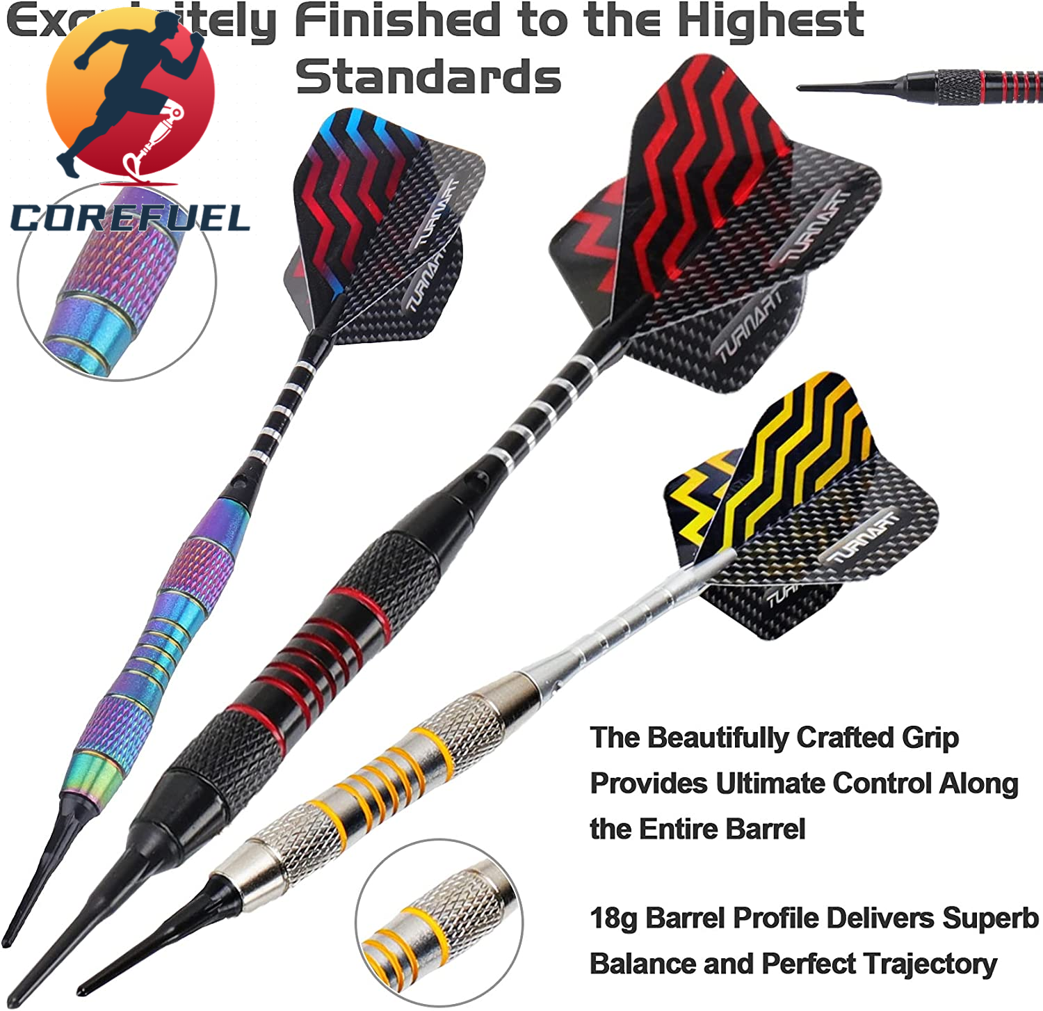 Turnart Darts Plastic Tip - Professional Soft Tip Darts Set for Electronic Dartboard 9 Pcs 18 Grams with 50 Extra Tips 9 Shafts 27 Flights Tool Kit Flight Protectors and Gift Darts Case