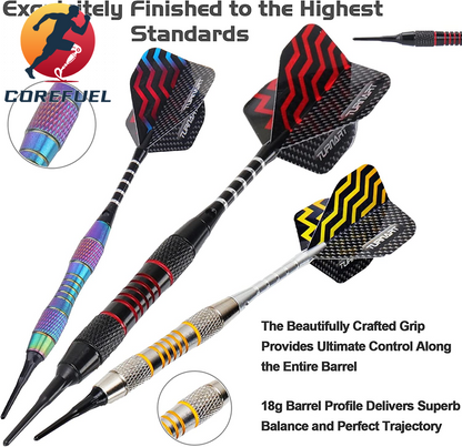 Turnart Darts Plastic Tip - Professional Soft Tip Darts Set for Electronic Dartboard 9 Pcs 18 Grams with 50 Extra Tips 9 Shafts 27 Flights Tool Kit Flight Protectors and Gift Darts Case