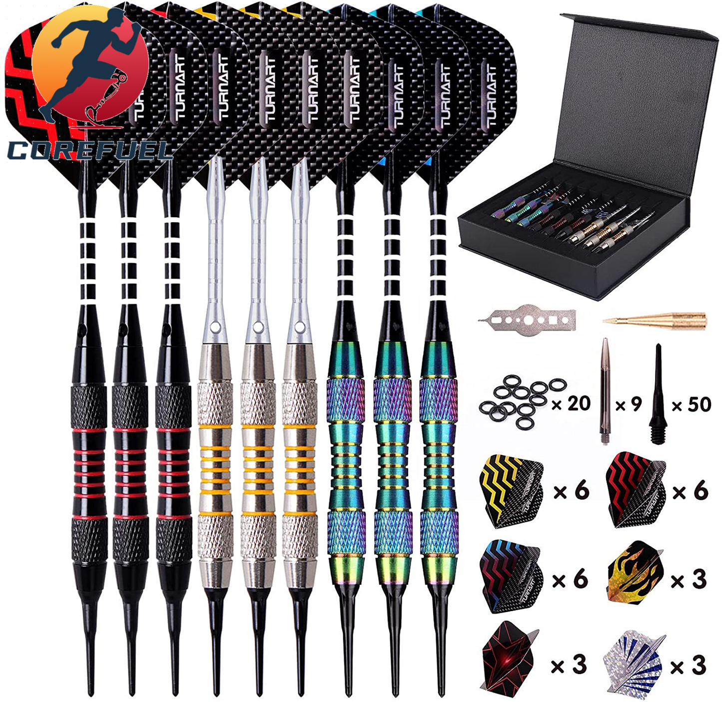 Turnart Darts Plastic Tip - Professional Soft Tip Darts Set for Electronic Dartboard 9 Pcs 18 Grams with 50 Extra Tips 9 Shafts 27 Flights Tool Kit Flight Protectors and Gift Darts Case