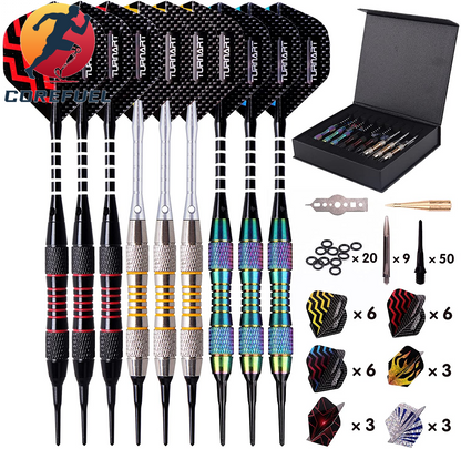 Turnart Darts Plastic Tip - Professional Soft Tip Darts Set for Electronic Dartboard 9 Pcs 18 Grams with 50 Extra Tips 9 Shafts 27 Flights Tool Kit Flight Protectors and Gift Darts Case