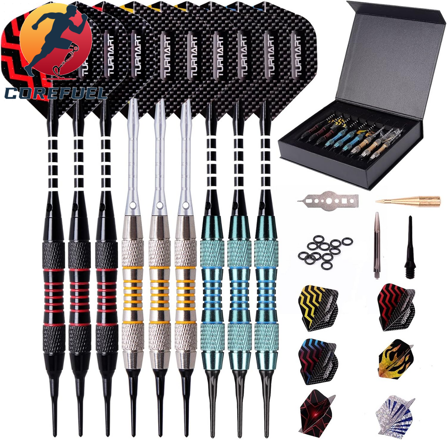 Turnart Darts Plastic Tip - Professional Soft Tip Darts Set for Electronic Dartboard 9 Pcs 18 Grams with 50 Extra Tips 9 Shafts 27 Flights Tool Kit Flight Protectors and Gift Darts Case