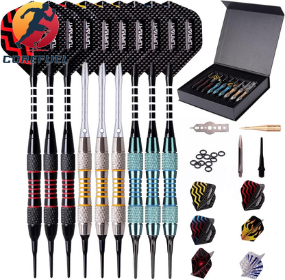 Turnart Darts Plastic Tip - Professional Soft Tip Darts Set for Electronic Dartboard 9 Pcs 18 Grams with 50 Extra Tips 9 Shafts 27 Flights Tool Kit Flight Protectors and Gift Darts Case