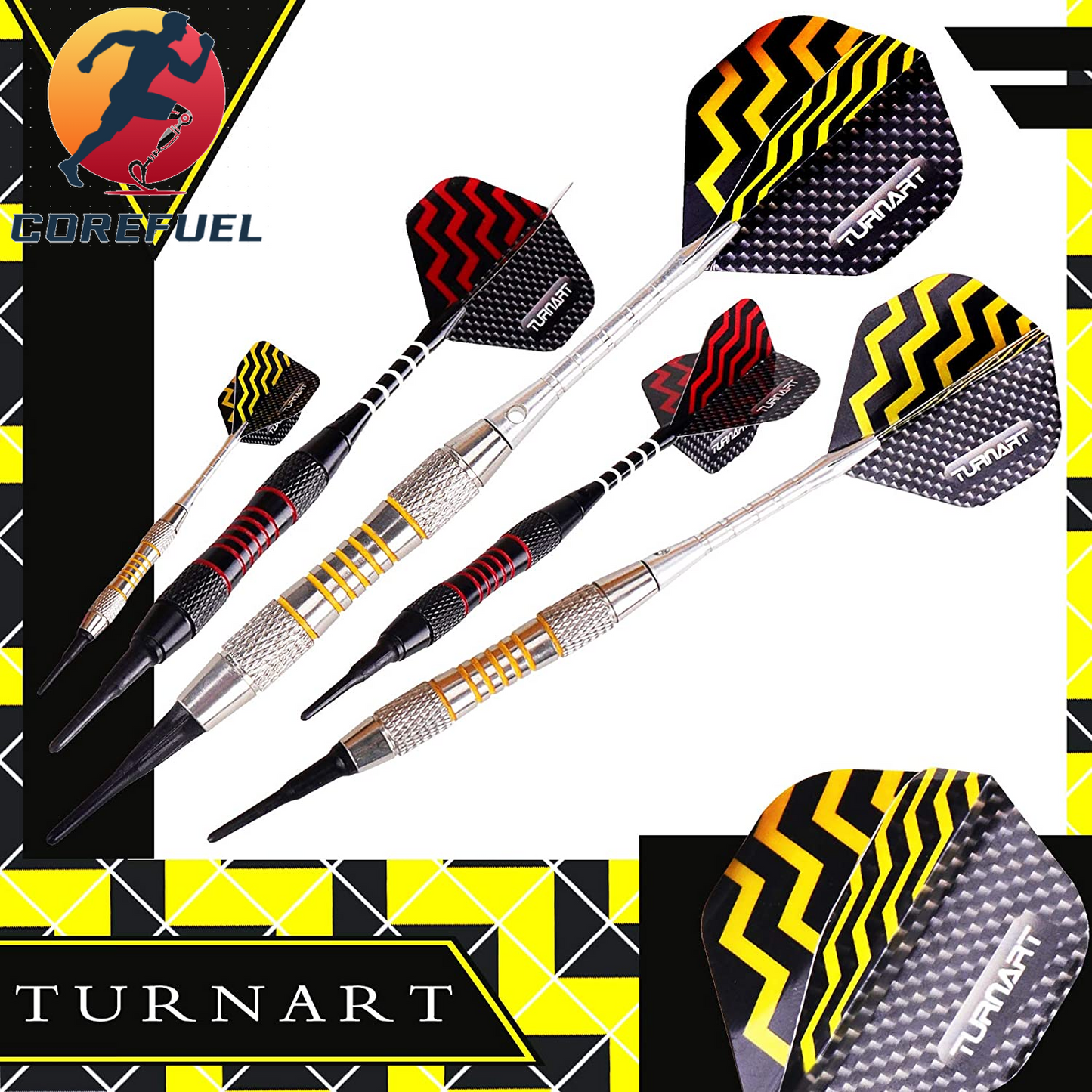 Turnart Darts Plastic Tip - Professional Soft Tip Darts Set for Electronic Dartboard 9 Pcs 18 Grams with 50 Extra Tips 9 Shafts 27 Flights Tool Kit Flight Protectors and Gift Darts Case