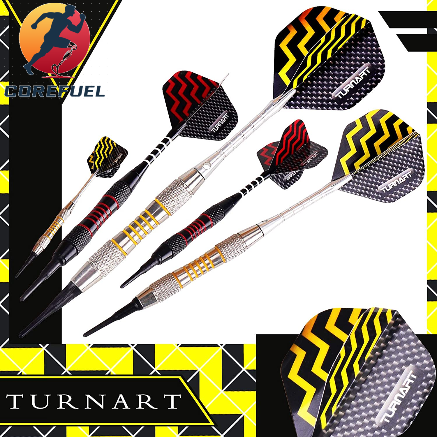 Turnart Darts Plastic Tip - Professional Soft Tip Darts Set for Electronic Dartboard 9 Pcs 18 Grams with 50 Extra Tips 9 Shafts 27 Flights Tool Kit Flight Protectors and Gift Darts Case