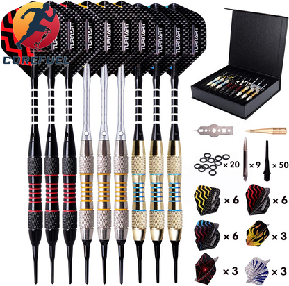 Turnart Darts Plastic Tip - Professional Soft Tip Darts Set for Electronic Dartboard 9 Pcs 18 Grams with 50 Extra Tips 9 Shafts 27 Flights Tool Kit Flight Protectors and Gift Darts Case