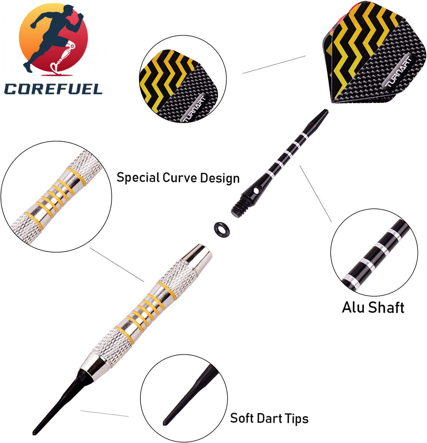 Turnart Darts Plastic Tip - Professional Soft Tip Darts Set for Electronic Dartboard 9 Pcs 18 Grams with 50 Extra Tips 9 Shafts 27 Flights Tool Kit Flight Protectors and Gift Darts Case