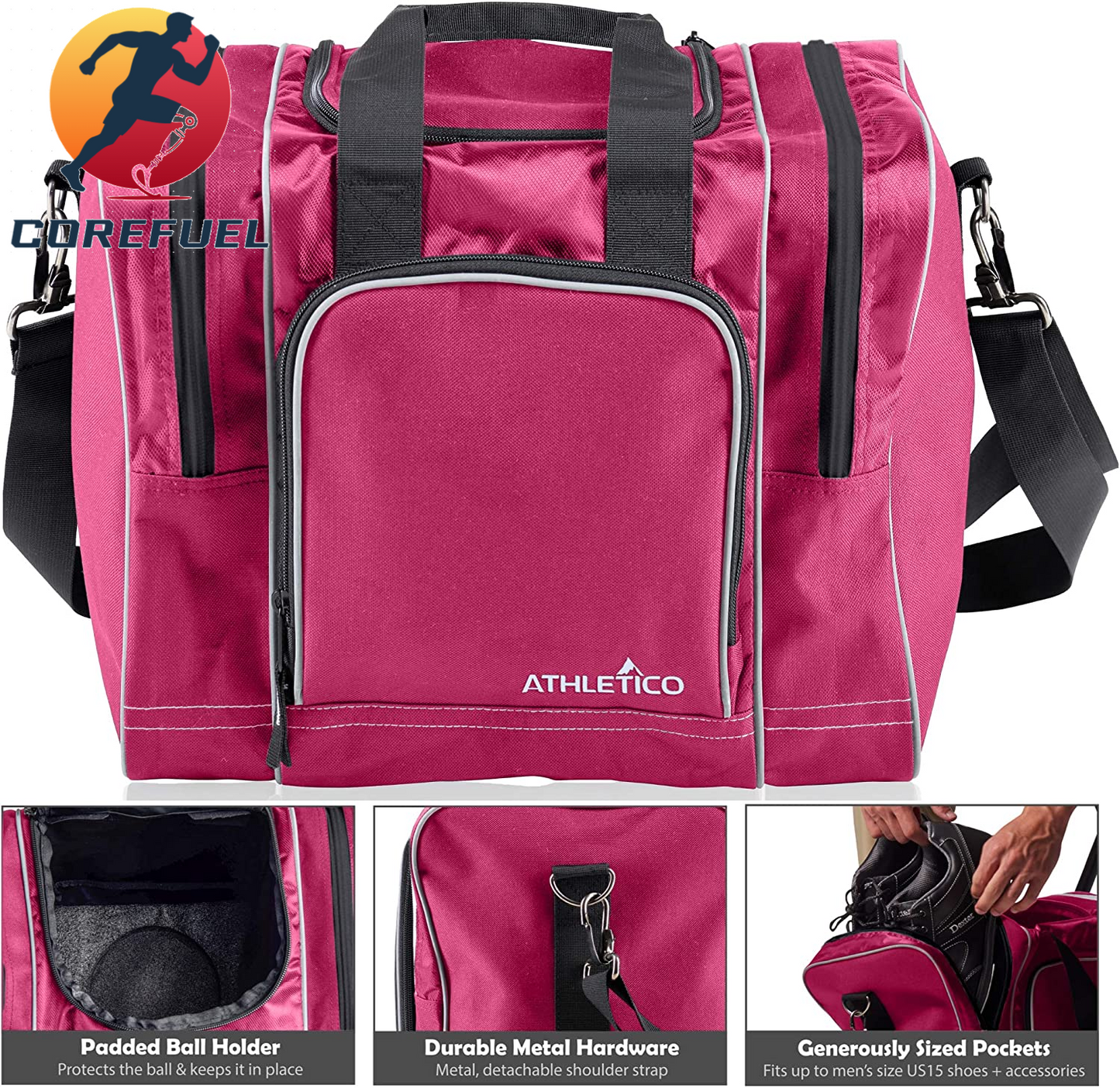 Athletico Bowling Bag for Single Ball - Single Ball Tote Bag with Padded Ball Holder - Fits a Single Pair of Bowling Shoes up to Mens Size 14